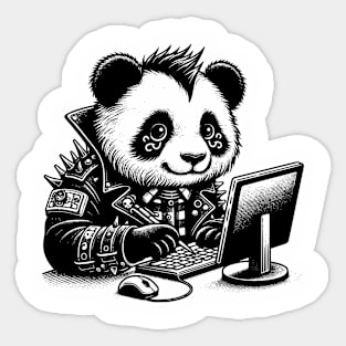 Punk Rock Goth Panda on Computer Vintage Style Sticker